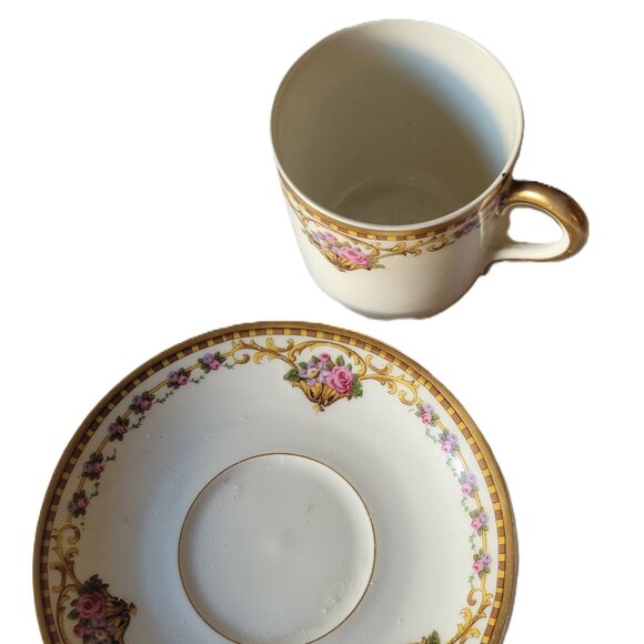 Bernardaud Limoges Demitasse Cups & Saucer Porcelain Pink Rose Gilded - Picture 10 of 11